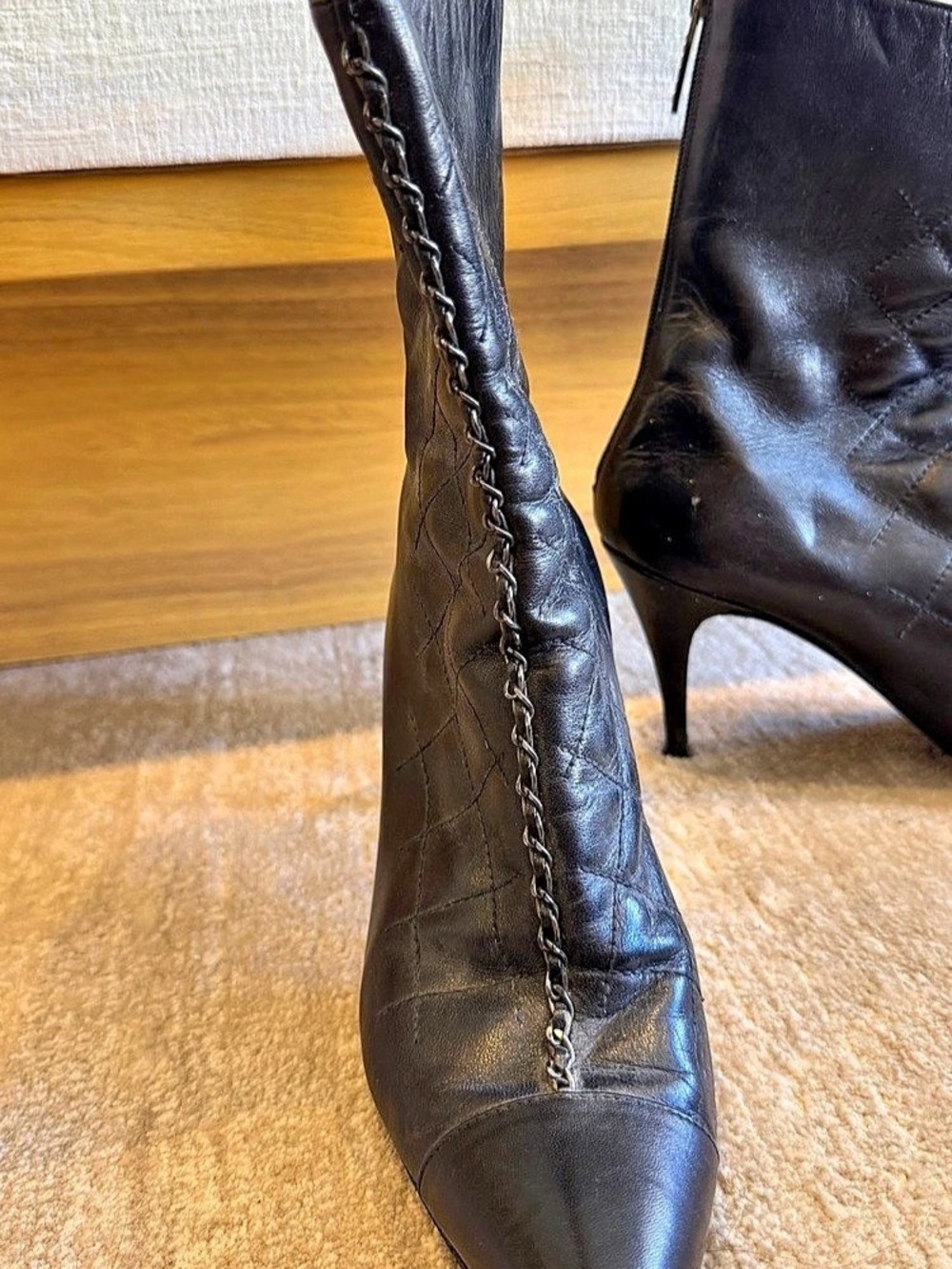 Chanel Black Quilted Leather Pointed-Toe Heeled Boots with Silver Chain Detail - Picture 16 of 16